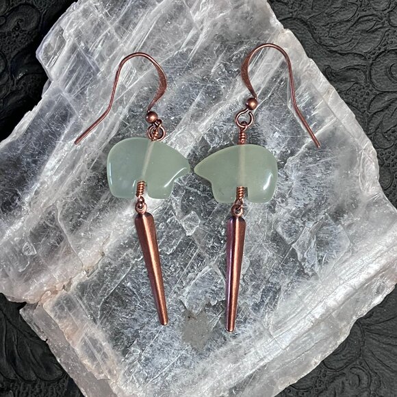 Green New Jade Serpentine Zuni Bear and Copper Dagger Dangly Earrings - Picture 5 of 7